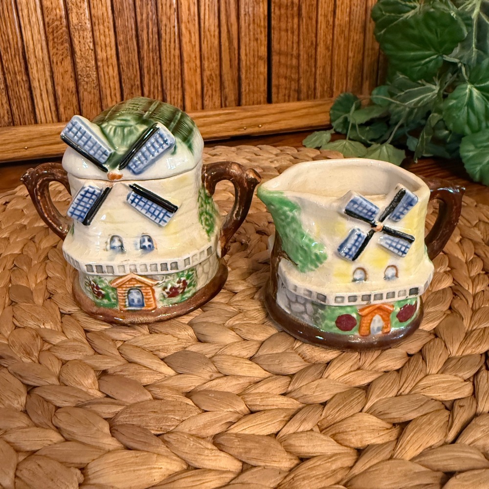 Vintage Dutch Windmill Ceramic Sugar Bowl and Creamer Set Japan Good 2pc